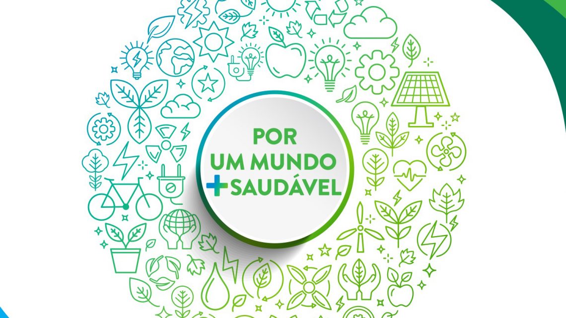 Elementos visuais que retratam um mundo mais saudável (fruta, exercício físico, árvores, energia renovável, etc.).