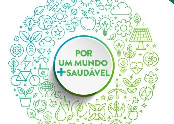 Elementos visuais que retratam um mundo mais saudável (fruta, exercício físico, árvores, energia renovável, etc.).